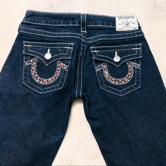 True Religion Denim - { True Religion } Pink Rhinestone Dark Wash Jeans